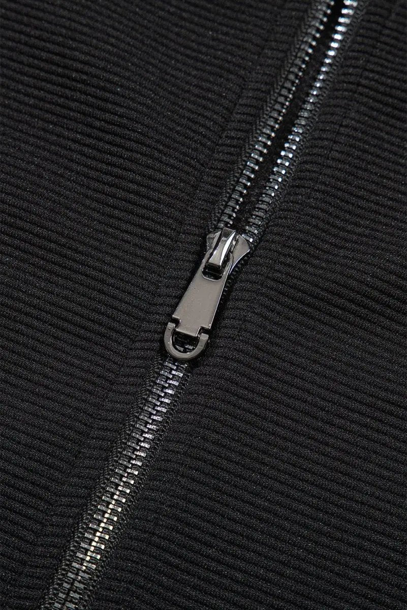 Black Textured Ruffled Sleeve Zipped Top and Wide Leg Pants Set - Love Salve